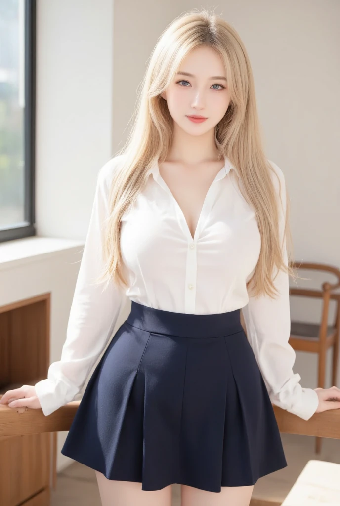 26 years old，woman，Long Hair，Light blonde hair color，Soft wavy hairstyle，with big eyes、Deep blue，Bright、Has a lively expression，Height about 165cm，bust 86cm，Waist 63cm，Hip 89cm，Healthy and bright skin tone，Thick lips，flom below，whole body，The thighs are a little thicker，Looking at the camera，Cinema Lighting，The room is a little dark，Are standing，Tartan Skirt，White shirt，Her cleavage is visible through her shirt，wears silver frame glasses，