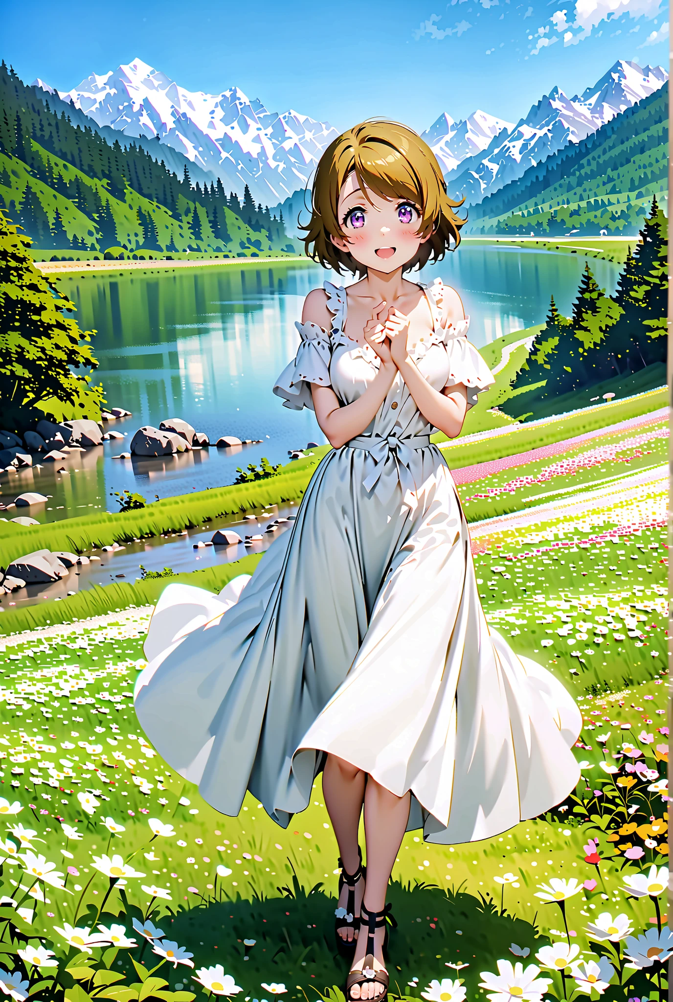 Hanayo Koizumi, short hair, brown hair, purple eyes,Medium breast, White Off Shoulder Dress, white long skirt,Heeled Sandals,standing,smile,cover,opens her mouth,noon,Flower Field,Mountain,river,nature,full bodyがillustrationsに入るように,break outdoors,nature,,
break looking at viewer,full body,
break (masterpiece:1.2), of the best quality, high definition, Unity 8k 壁紙, (illustrations:0.8), (beautiful detailed eyes:1.6), Highly Detailed Face, so that it fits into the illustration, Extremely Detailed CG, (perfect hand, Perfect Anatomy),
