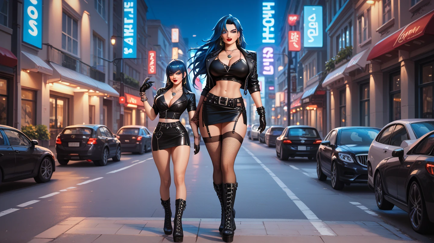 (((1 woman in frame), Pretty Caucasian (female), Sarah Shahi, a slim but muscular body, huge breasts, ray tracing, perfect anatomy, Voluptuous, )), ((bright red lipstick)), ((seductive smile)) ((big bright blue eyes looking towards the viewer)) ((open long wavy blond hair)), perfect anatomy, Voluptuous, ray tracing, Ultra realistic 8K, flawless, tall,(Red Lip, Heavy makeup)、Standing in a sexy pose、Nikon Z 85mm, ((Best Quality)) ,((masterpiece)), intricate details, Extremely delicate and beautiful, ((DC black canary character, black corset top:1.6, jet black leather rider jacket, ((large cleavage))、((black latex Ultra micro miniskirt((very very very micro miniskirt exposing full length thighs))))、black latex fingercut gloves、sunglasses、black shining shoes、((beautiful exposed long thighs))、)):1.0、(Full body shot:1.0)、Sexy look, standing pose、NSFW:1.0, Gotham City road, afternoon, ((view from front))、