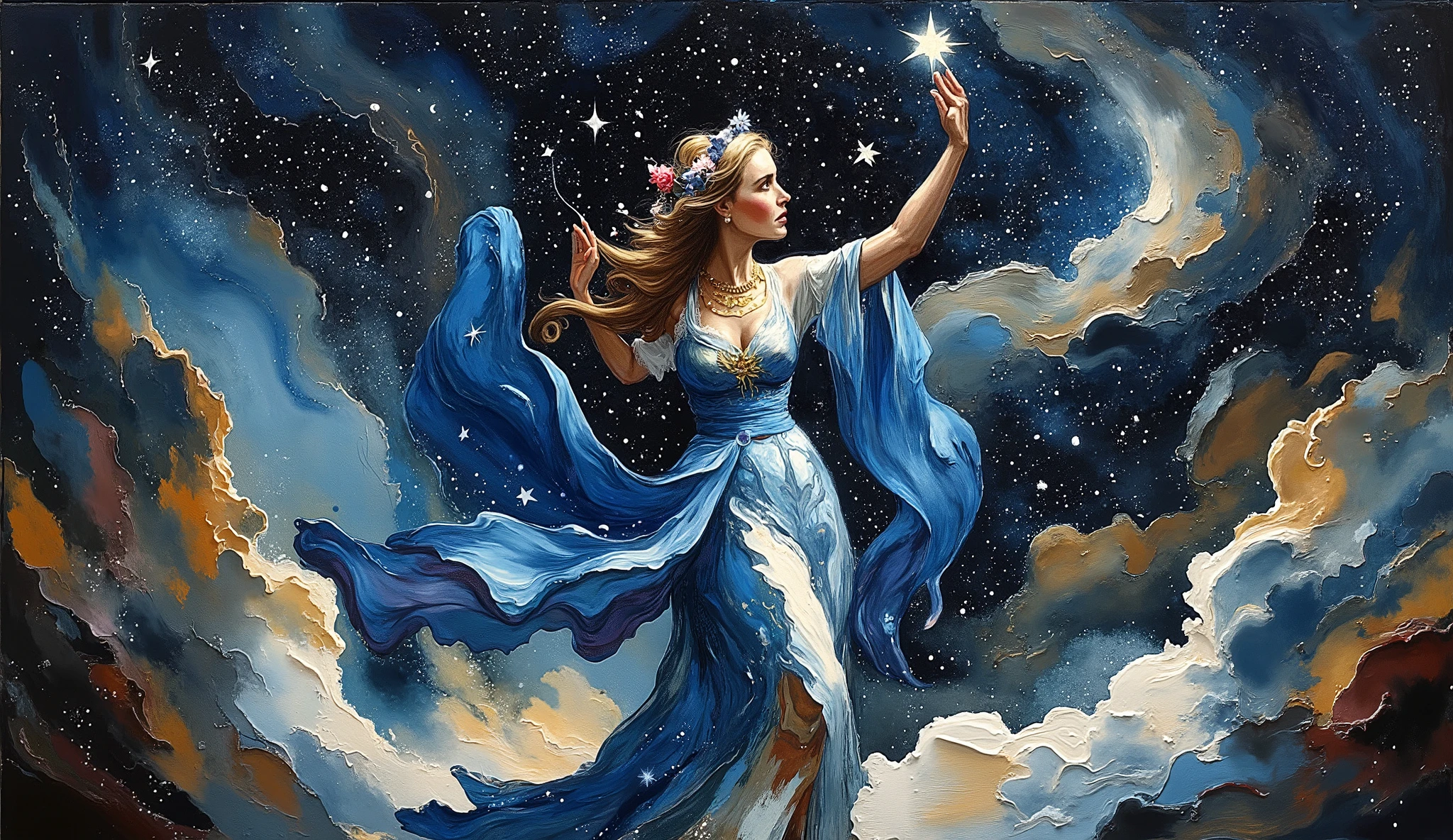 A painting of a woman in a blue dress holding a star, Celestial Goddess, inspired by James C. Christensen, Goddess of the Moon, Goddess of the Moon, deusa lunar, Beautiful Heavenly Magical , Inspired by James Christensen, Cosmic Goddess , Baroque Painting . starry sky, Goddess of the Galaxies , inspirado por Ruth Sanderson, portrait of a Cosmic Goddess , Beautiful lion goddess.
elegante, flowing curly hair, celestial-themed gown with stars and gradient of blues e ouro, fabric ornamented with intricate patterns, , golden brooch accessories, holding a golden string, pose standing with the body slightly turned, serene and majestic environment, holding a suspended star, space themed background with stars and planets, rich and deep color palette with an emphasis on blue, Purple Shoes, e ouro, mystical and ethereal atmosphere