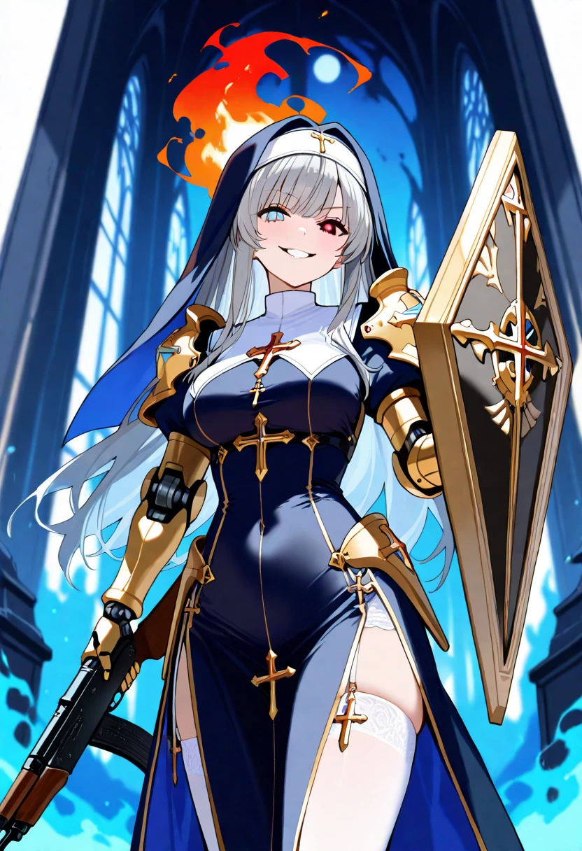 1girl, battle nun, sharp eyes, smiling, battle armor, rpg theme, black hair, cleavage
