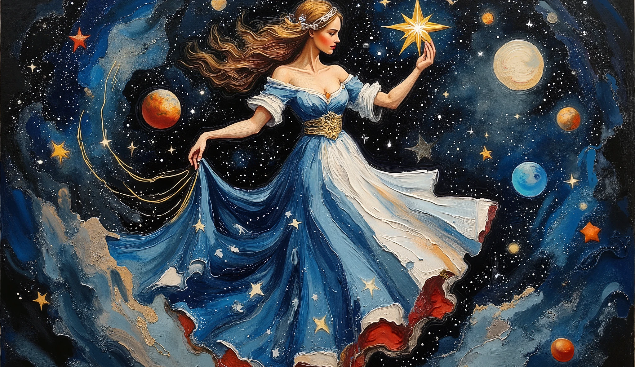 A painting of a woman in a blue dress holding a star, Celestial Goddess, inspired by James C. Christensen, Goddess of the Moon, Goddess of the Moon, deusa lunar, Beautiful Heavenly Magical , Inspired by James Christensen, Cosmic Goddess , Baroque Painting . starry sky, Goddess of the Galaxies , inspirado por Ruth Sanderson, portrait of a Cosmic Goddess , Beautiful lion goddess.
elegante, flowing curly hair, celestial-themed gown with stars and gradient of blues e ouro, fabric ornamented with intricate patterns, , golden brooch accessories, holding a golden string, pose standing with the body slightly turned, serene and majestic environment, holding a suspended star, space themed background with stars and planets, rich and deep color palette with an emphasis on blue, Purple Shoes, e ouro, mystical and ethereal atmosphere