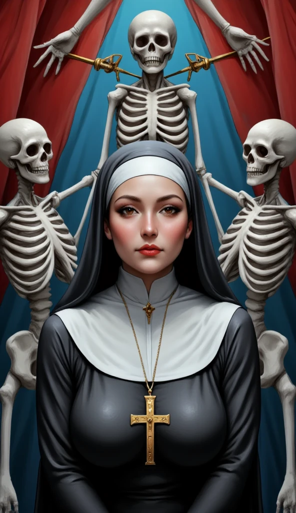 Create an image of Saint Rose of Lima dressed as a nun and her very dark side.