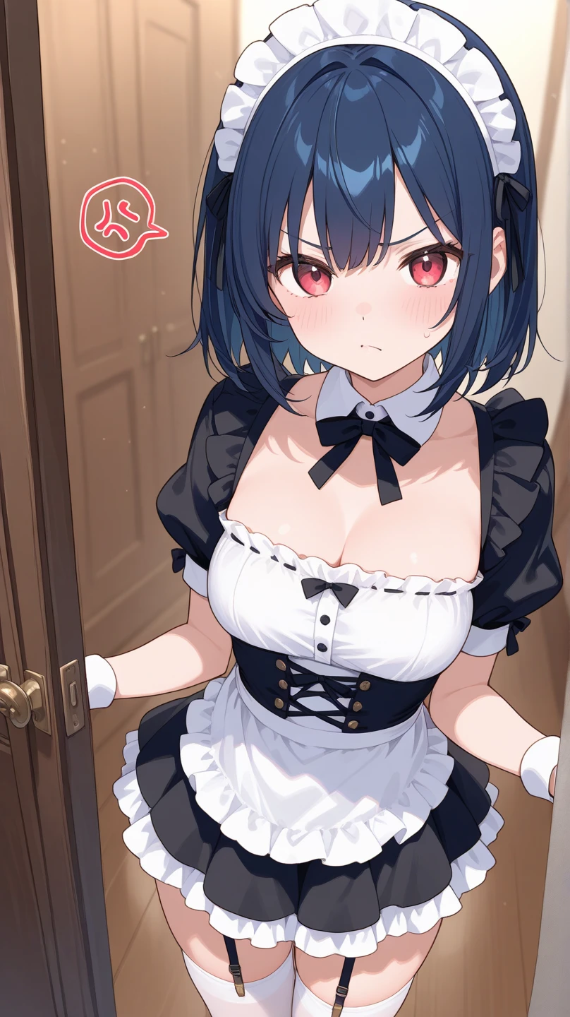 (intricate and super detailed anime style cute illustration),black hair,short hair,short sleeves school blezer uniform,big breasts,
open mouth,sweat,hyper cute,Lingerie Mail Order Catalog Cover,