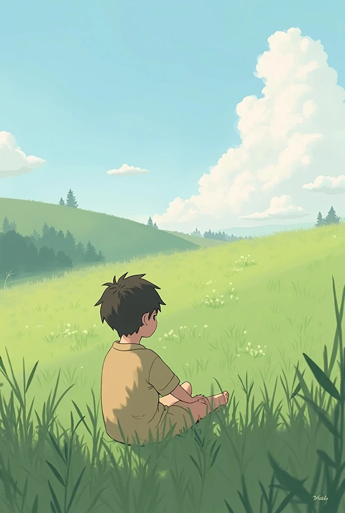 ghibli style,Boy sitting with his back on the grass