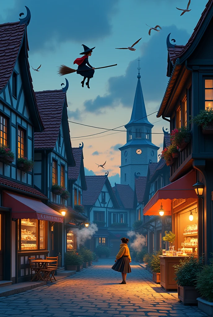 Kiki's Delivery Service city street scene
Kiki's Delivery Service, 北欧风格小镇, Twilight on a bluestone street, The witch rides a broom over the red tile roof, bakery in a Nordic style town with steam, Seagulls hover above the bell tower, Miyazaki Hayao style lifestyle, --ar 4:3 --s 200
Color adjustment:sepia tone, warm orange light