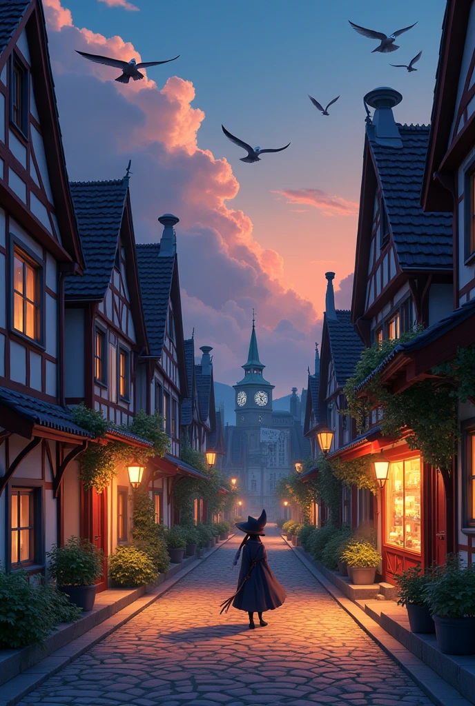 Kiki's Delivery Service city street scene
Kiki's Delivery Service, 北欧风格小镇, Twilight on a bluestone street, The witch rides a broom over the red tile roof, bakery in a Nordic style town with steam, Seagulls hover above the bell tower, Miyazaki Hayao style lifestyle, --ar 4:3 --s 200
Color adjustment：sepia tone, warm orange light