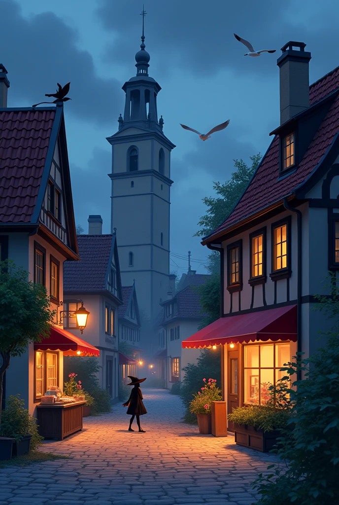 Kiki's Delivery Service city street scene
Kiki's Delivery Service, 北欧风格小镇, Twilight on a bluestone street, The witch rides a broom over the red tile roof, bakery in a Nordic style town with steam, Seagulls hover above the bell tower, Miyazaki Hayao style lifestyle, --ar 4:3 --s 200
Color adjustment:sepia tone, warm orange light