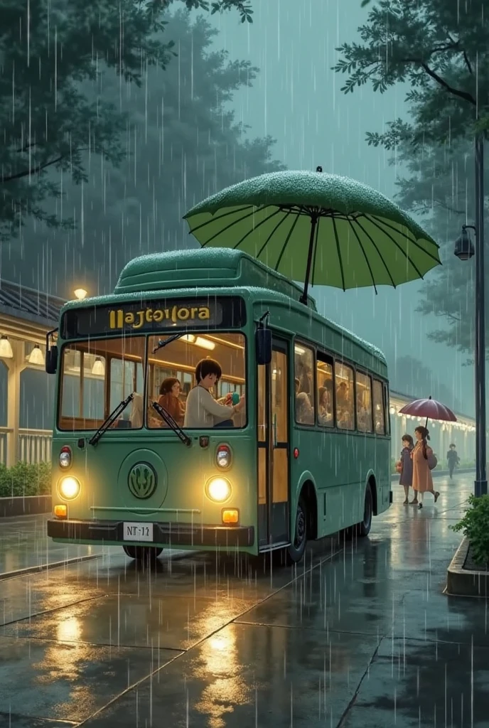 Totoro bus rainy day transfer
My Neighbor Totoro, Forest Station in the rain screen, Totoro bus holding a lotus leaf umbrella, The Kusakabe sisters are waiting at the platform, Raindrops flashing under the headlights, dandelions drift with the wind, Warm Hues, Watercolor smudge effect, --ar 1:1 --s 150
Detailed optimization：umbrella with glowing spores, w pavement reflections