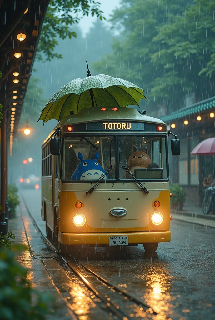 Totoro bus rainy day transfer
My Neighbor Totoro, Forest Station in the rain screen, Totoro bus holding a lotus leaf umbrella, The Kusakabe sisters are waiting at the platform, Raindrops flashing under the headlights, dandelions drift with the wind, Warm Hues, Watercolor smudge effect, --ar 1:1 --s 150
Detailed optimization：umbrella with glowing spores, w pavement reflections