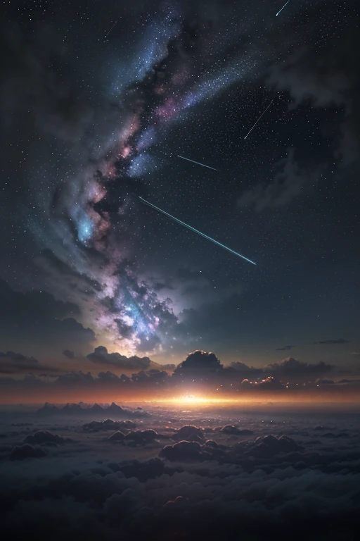 1 girl , The eye, close-up, Nice night sky , meteor shower, Beyond the clouds, Surrounded by water, zoom lens , wide angles, Stunning Clouds, wide angles, author:Shinkai sincerely, Thomas Kinkade , James Girard , author:holosomnialandscape, HDR, Volumetric lighting, ray tracing, Complex, High detail , Very Detailed, Sides , 4k vertical screen wallpaper,, Colorful, airy, anime illustrated, anime nature wallpaper