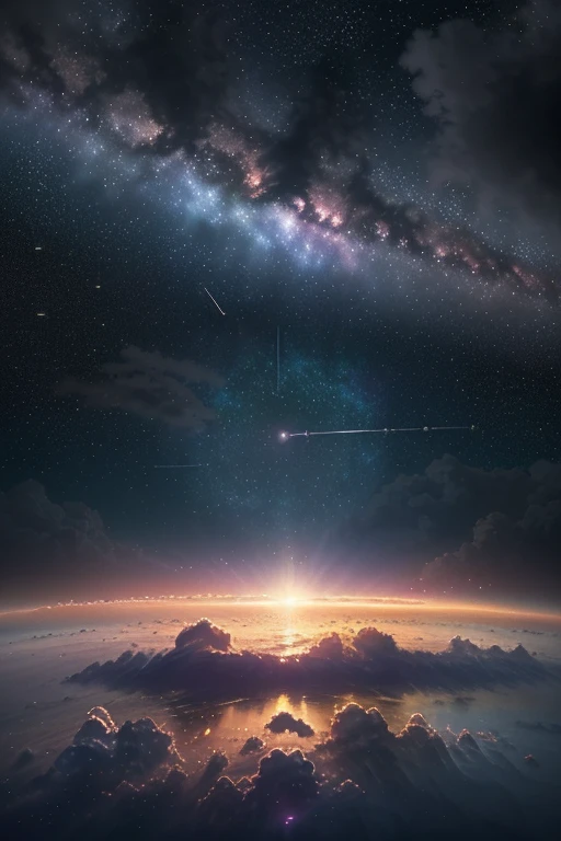 1 girl , The eye, close-up,  Nice night sky , meteor shower, Beyond the clouds, Surrounded by water,  zoom lens , wide angles,  Stunning Clouds, wide angles, author：Shinkai sincerely,  Thomas Kinkade ,  James Girard , author：holosomnialandscape, HDR, Volumetric lighting, ray tracing, Complex, High detail , Very Detailed, Sides , 4k vertical screen wallpaper,, Colorful, airy, anime illustrated, anime nature wallpaper