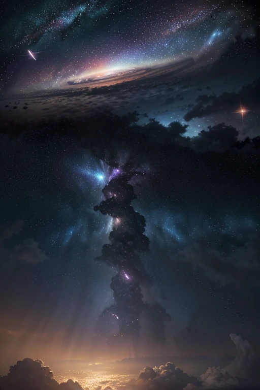 1 girl , The eye, close-up, Nice night sky , meteor shower, Beyond the clouds, Surrounded by water, zoom lens , wide angles, Stunning Clouds, wide angles, author:Shinkai sincerely, Thomas Kinkade , James Girard , author:holosomnialandscape, HDR, Volumetric lighting, ray tracing, Complex, High detail , Very Detailed, Sides , 4k vertical screen wallpaper,, Colorful, airy, anime illustrated, anime nature wallpaper