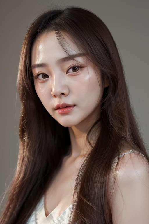  realistic photo  (1 lovely Korean actress) Long straight hair, light make-up, medium , long  skirt, close-up, Canon EOS Clear Facial Features 8K High Resolution, Clear detail, realistically