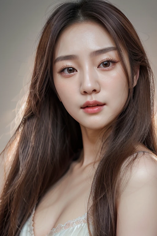 realistic photo (1 lovely Korean actress) Long straight hair, light make-up, medium , long skirt, close-up, Canon EOS Clear Facial Features 8K High Resolution, Clear detail, realistically