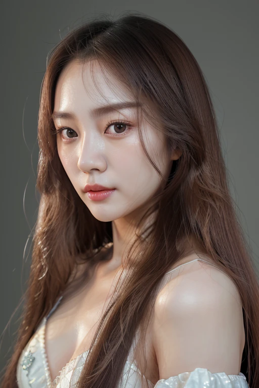  realistic photo  (1 lovely Korean actress) Long straight hair, light make-up, medium , long  skirt, close-up, Canon EOS Clear Facial Features 8K High Resolution, Clear detail, realistically