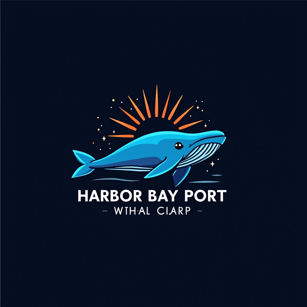 Sign with Harbor Bay Port Text, Wavy Line Art Sign, Black and Dark Blue Background, Bright Blue, bright oranges, Minimal and Pure — Whale, Simple, Super meticulous, Detailed Illustration, Vector, siluette, 8k. --automatic