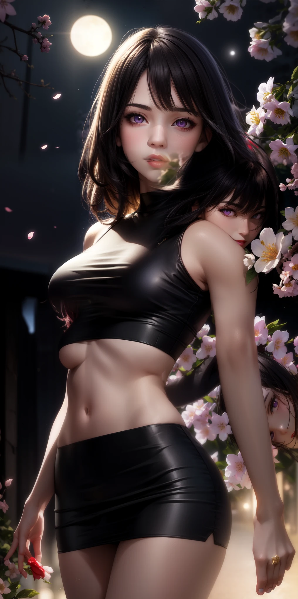 realistic, 1girl, whaite hair, purple eyes, glowing eyes , short crop top, skirt, slightly raised lips, Be red in the face, Night, blossoms, suns, sunslight,