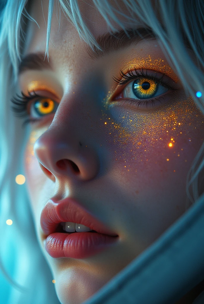 (Close-up of a masterpiece:1.5)0.9]，(Space and astronauts:1.2) (Messy silver hair:1.1) (Heterochromia yellow blue eyes:1.2) (Casque spatial:1.0) (Colorful stars in the eyes:1.0) (Dazzling light:1.1) (Thick lip:0.9)