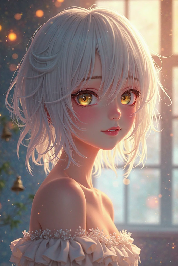 whaite hair, Mole under the eye, Scleral mismatch, Heterochromia, Blush, the shy, laughingly, bell, ray tracing, god light, The light from the back window is backlighted, Glowing lights, anime style