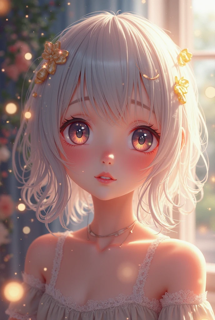 whaite hair, Mole under the eye, Scleral mismatch, Heterochromia, Blush, the shy, laughingly, bell, ray tracing, god light, The light from the back window is backlighted, Glowing lights, anime style