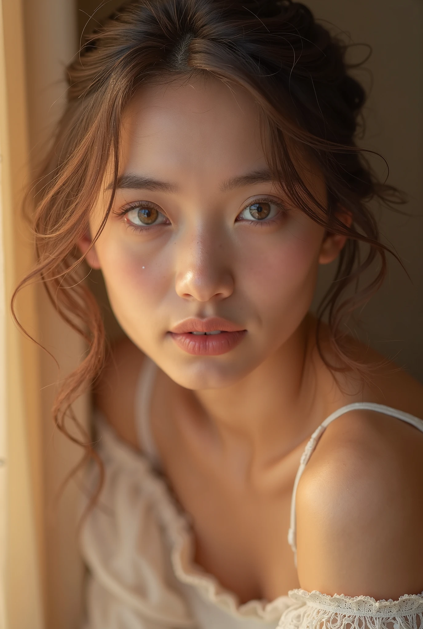 High-definition realistic beauty, Big eyes, Bright, fair skin, Delicate and full lips, Feminine and elegant posture, Stunning professional photography, Soft, warm lighting shines, Create a dreamy and charming atmosphere, Delicate texture, Warm and romantic interior scenes {x} Realistic texture like an ultra-high resolution photo, Stunning professional-grade photography