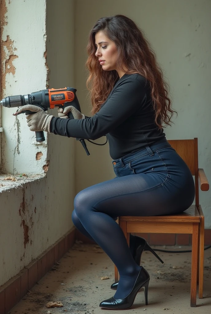 high quality, 8k, realistic, naked adult woman, large breasts, naughty look, open legs, long hair hammer and screwdivers hang on a belt on waist, a her hands are on her ass, transparent clothes, upskirt, tight underwear. building ambient, construction Room, construction equipaments --auto --s2