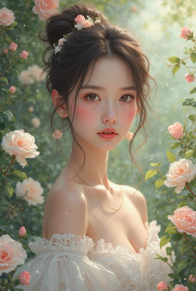 beautiful realistic 18 years old asian in floral place in full body portrait image