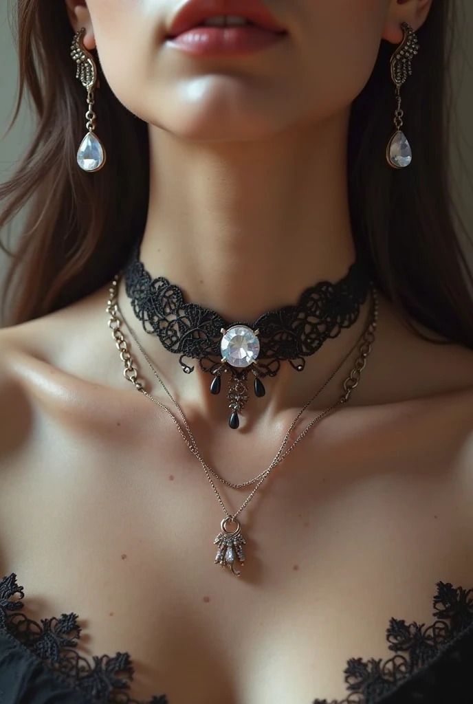 a stunning 20yo woman with piercing brown eyes and medium blonde hair, wearing black lingerie, realistic, necklace, intricate details in the clothing, sexy pose, studio lighting to enhance the depth and realism of the image, big breast, white skin, full body 1:3 , 3/4 portrait from the thighs to the head