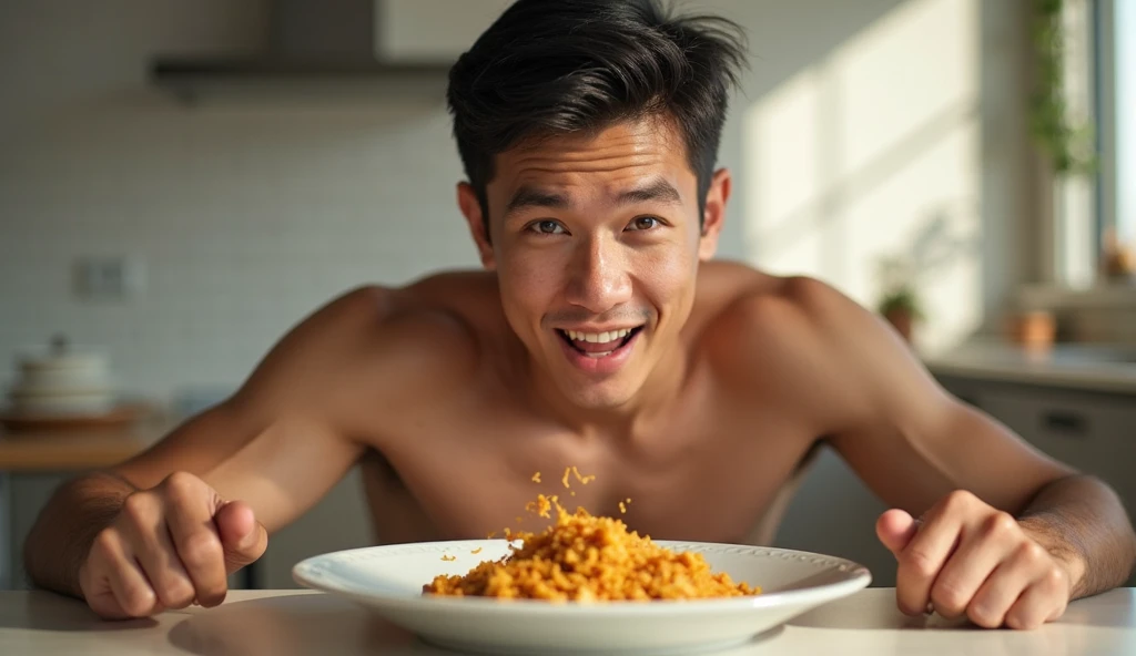 Sexy Japanese Chef with hat and shirt off eating juicy food.