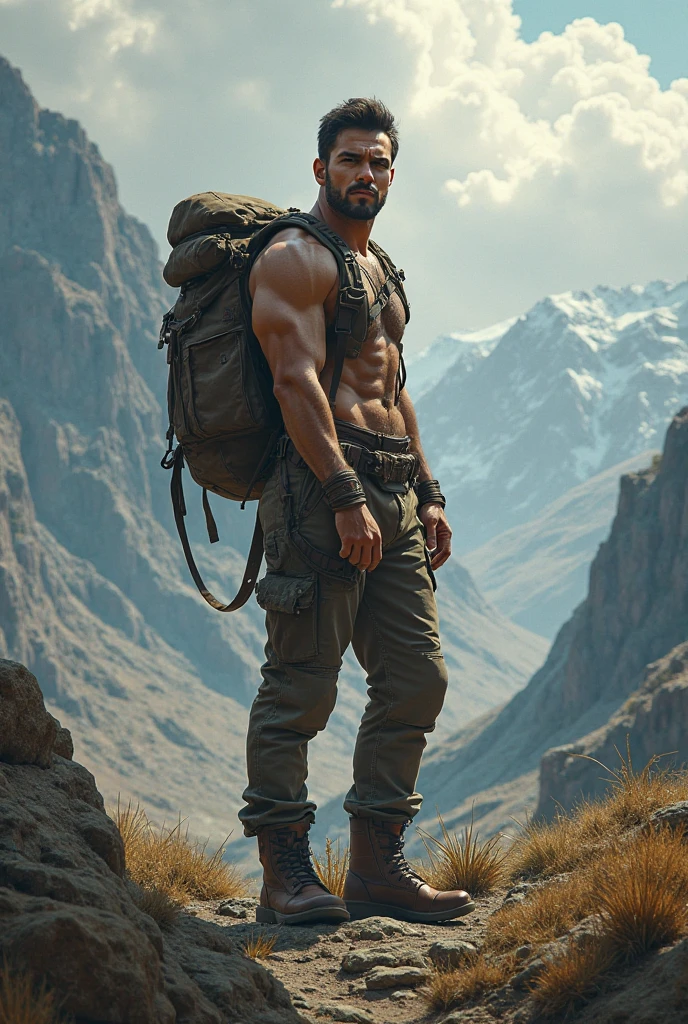 white male, de 1,97 tall with layered black hair, with blue eyes. Wearing hiking gear on top of a rock in the river
