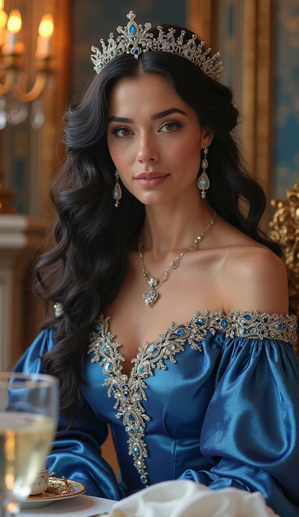 a beautiful noblewoman with long, curly black hair styled in an elegant medieval fashion, wearing a grand silver tiara shaped like intricate wings, adorned with delicate filigree patterns and embedded with shimmering blue sapphires. Her gown is a luxurious, deep blue dress made of an ultra-thin, glass-like shimmering silk or satin, reflecting light with an ethereal glow. The dress is fully adorned with elaborate silver embroidery, intricate baroque patterns, and gemstone embellishments, covering the entire fabric in mesmerizing, regal designs. She has a well-proportioned, curvy figure with a balanced, natural bust. Her face is framed by soft regal makeup, with defined eyes and a natural rosy lip color. She wears elegant sapphire earrings matching her tiara. The setting is a grand royal castle hall, illuminated by golden chandeliers, with towering marble columns, luxurious tapestries, and a majestic banquet table. The ambiance exudes the splendor and opulence of medieval European royalty, with flickering candlelight enhancing the reflective sheen of her gown




