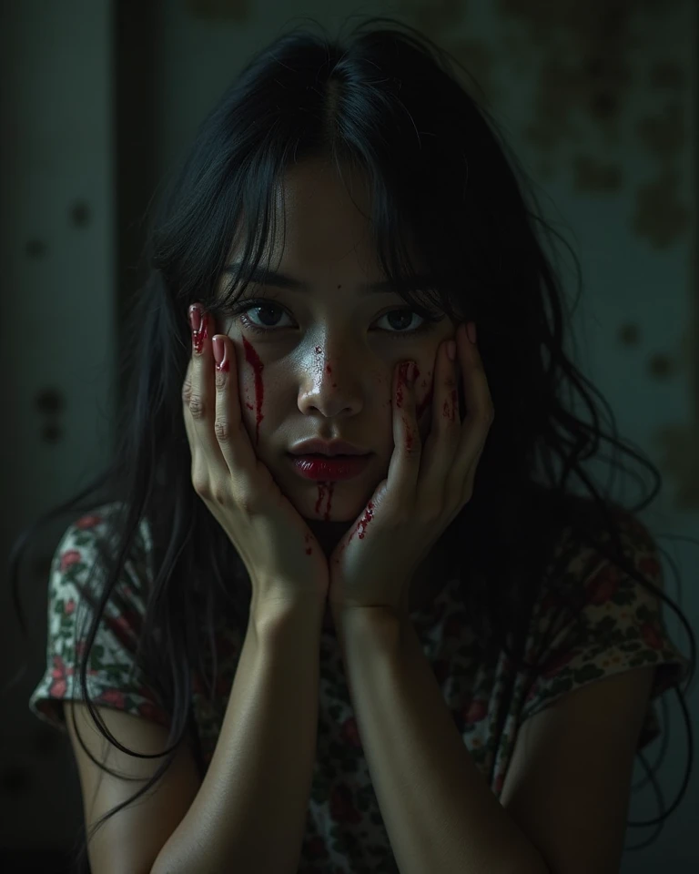 A young woman with long, dark hair, disheveled and tangled, her face pale with wide, fearful eyes. She is wearing a torn, blood-stained white dress, with dirt smudges all over. Her hands are trembling, and she has scratches on her arms. The setting is dark and eerie, with low, flickering lighting casting long shadows. The atmosphere is chilling, with a sense of dread and terror surrounding her.