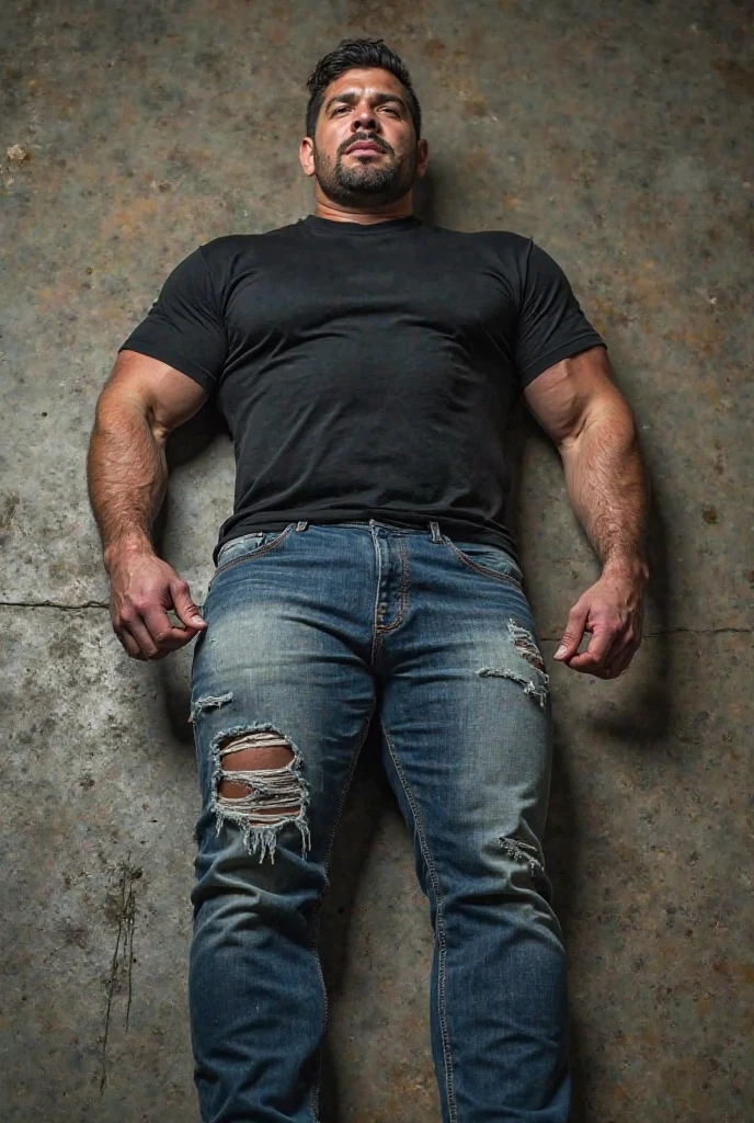 (50 yo), Chris Redfield from Resident evil village, wearing a tank top and sport shorts, bulge, (beefy:1.3), beard, looking at viewer, beautiful man, detailed eyes, symmetric face, smirk, robust, greying hair, black socks, no shoes, very huge and long erected penis, cums spilling, sperms on th ground, sweaty, full body image