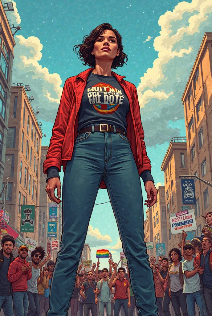 woman, fat, bald, wearing a white tshirt, blue denim pants, angry expressions, confronting, crowd, counter protest, city, daytime, comic book style, flat shaded, prominent comic book outline linework