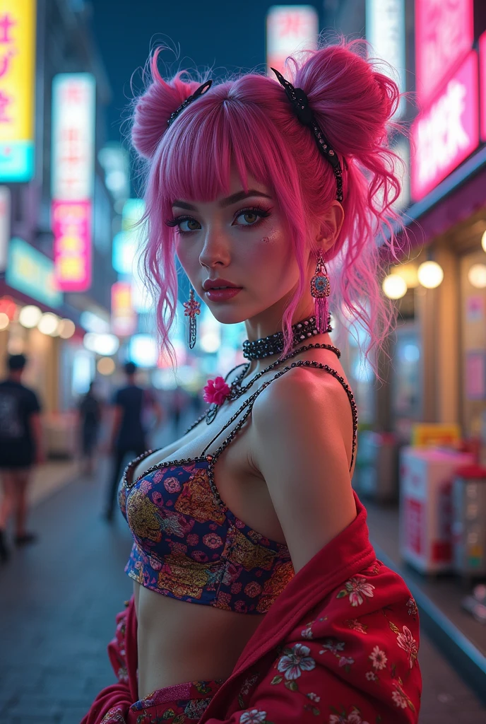Cute super delicate girl in a dress made of straps, sexy, stockings, hand between legs, leaning forwards, with pink hair. Utra high image quality, tokyo at night background, blurry, bokah. Dark lighting, low key lighting, dark and gritty, nsfw, large breasts, cleavage, sexy pose, sexy expression, hair up, lustful, sexy, seductive, wanting
low key lighting from side, golden hour. Neon glow, lens flare.