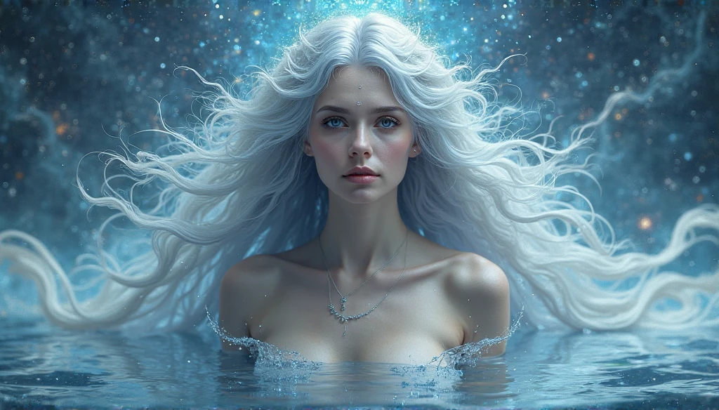 (a beautiful naked woman:1.3) with long wavy (frozen blue:1.3) hair crowned standing in water background with her hair blowing in the wind, And water runs down your body, (detailed face:1.4), sharp, (perfect body:1.2), (photorealistic:1.3), real shadow, photo,