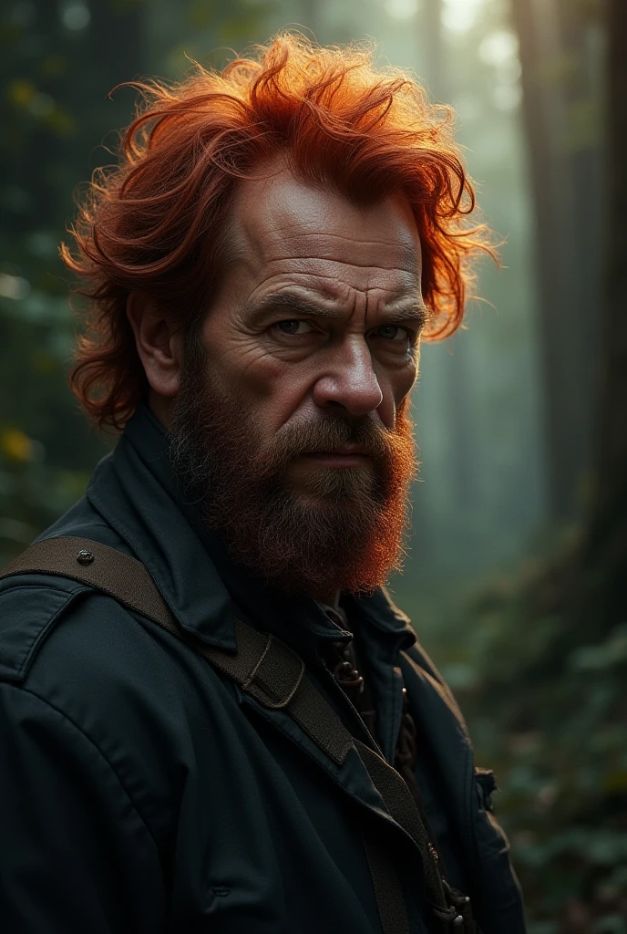 A close-up, enhanced depiction of Curupira, the legendary figure from Brazilian folklore. He is portrayed as a shadowy, ominous child with vibrant, fiery red hair and a thick, wild red beard. His most distinctive feature, his feet turned backwards, is suggested in the background. The focus is on his face, which is detailed with intense, piercing eyes, rough skin, and a strong, determined expression. His teeth are sharp, reminiscent of a shark's, adding to his eerie and unsettling appearance. He stands in a mystical, dense forest, with ancient, towering trees partially visible behind him. The lighting is dramatic, with eerie shafts of light highlighting his rugged features, emphasizing his role as the fierce protector of the forest."