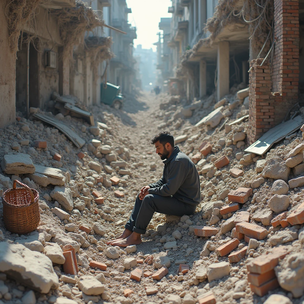 Collapsed Prson A person is sitting amidst the rubble of a collapsed building - SeaArt AI