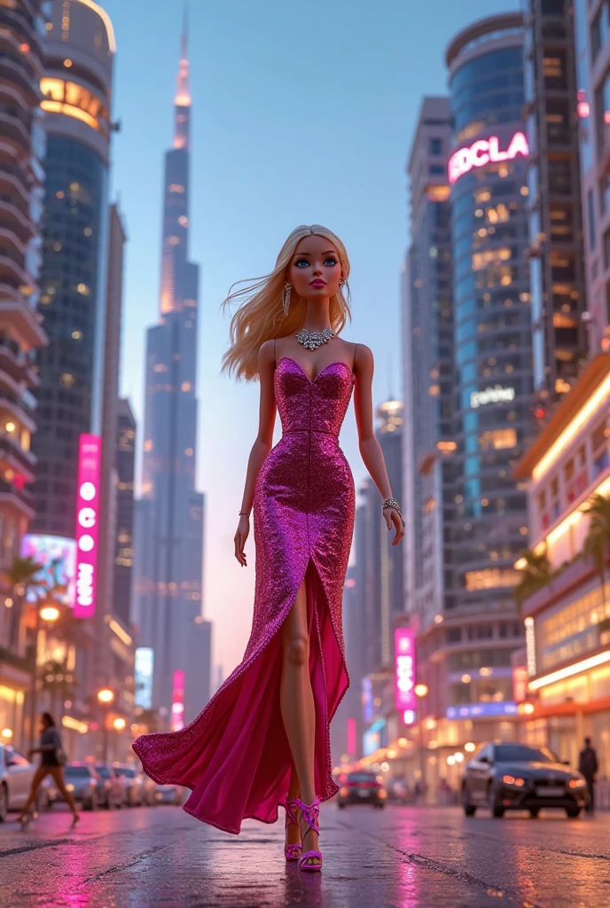a pretty smiling blonde girl with sunglasses dressed in a shiny pink gown is walking over water, sun set and skyscrappers of a cyberpunk city in the background, art by guweiz, dramatic lighting, highly detailed, incredible quality, trending on artstation