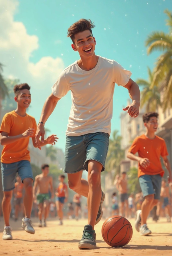 Young cute and handsome beautiful face skinny white beautiful skin color soft white shirtless with fluorescent green boxers short black hair on a catwalk of men beach ball in his hand the public applauds him and celebrates with bubble white man tall thin sincerity