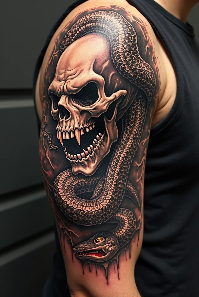 A tattoo of a broken skull with dragon scales in black and white