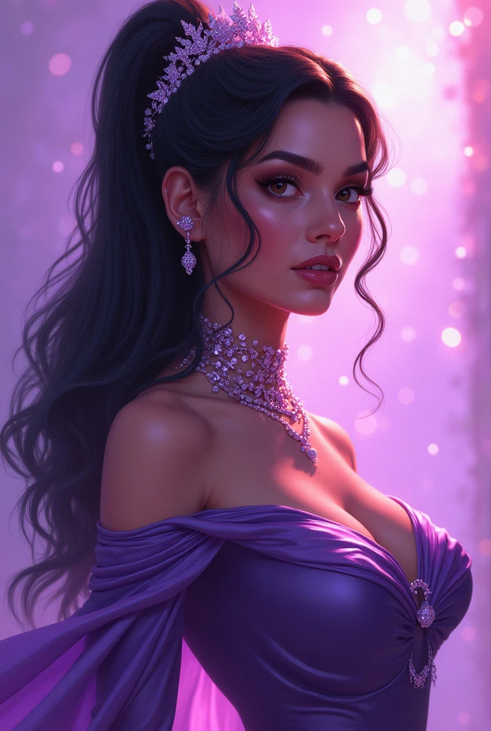 best quality, chef-d'ouvrages d'art, ultra haute résolution, (realism: 1.4), Photo originale, 1fille, cheveux rose, bare shoulders, cinema lighting, dans le royaume des enfers, temple of Hades, portant une armure noire et violette, spectre