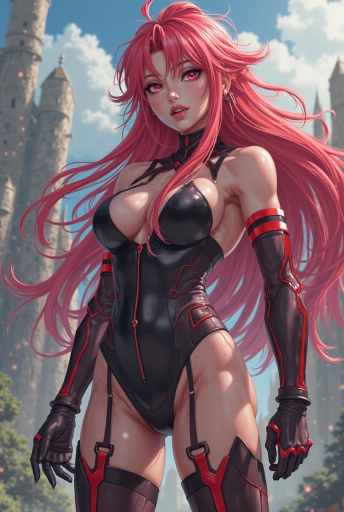 Highly detailed background, masterpiece, Highest quality, One girl, alone, ((masterpiece, Highest quality)),Best aesthetics, Zero Two (Darling in the Franxx), Darling in the Franxx, bangs, bite, blush, Covered navel, eye shadow, Green Eyes, Hair on the back of the head, Hands on hips, horn, smile, Long Hair, View your viewers, compensate, Medium chest, Pilot Suit, Red suit, Pink Hair, red eye shadow, sf, Fits perfectly to the skin,