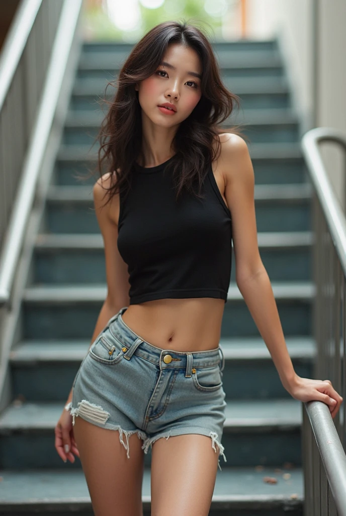 1girl, Neko, cat ears, cat tail, black hair, golden eyes, cute outfit, simple clothing, black tank top, toned arms, toned stomach, denim shorts, curves, black high-top sneakers, messy hair bun