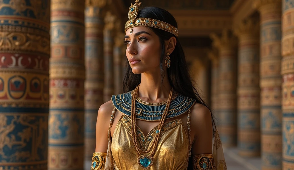 Cleopatra in a costume with a long braid and a gold headdress, beautiful cleopatra, cinematic goddess close shot, cinematic goddess shot, cleopatra portrait, black emma watson as egyptian, wearing an egyptian crown, egyptian princess, egyptian clothing, egyptian, cgsociety uhd 4k highly detailed, egyptian clothes, egyptian makeup, egyptian style, cleopatra, pharaoh clothes