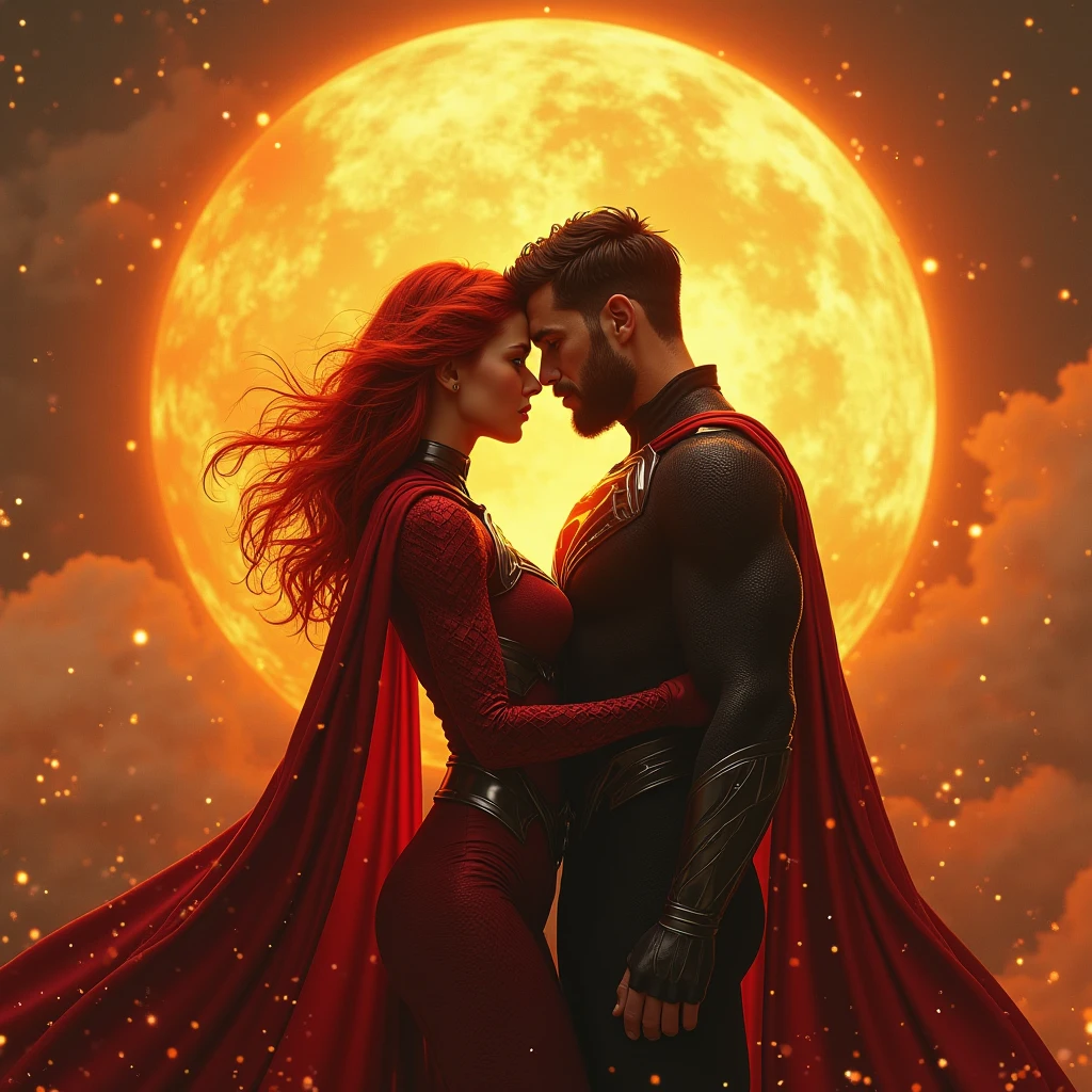 Couple de super heros tres fusionel et tres amoureux. She is redheaded , The red hair, He is dressed in black. Behind them a big sun or a big fireball. Reamlist image