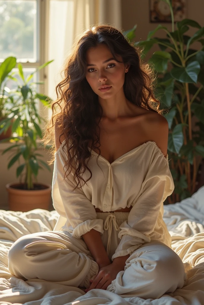 (photorealism:1.2), beautiful woman, sitting on bed, wearing loose off-shoulder top, pajama pants, long curly hair, indoors, soft lighting, plants in background, window with sunlight, cozy room, relaxed pose, realistic, intricate details, warm colors, by Greg Rutkowski, by Alphonse Mucha