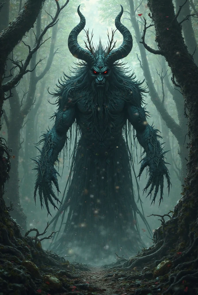 monster nervously, A monster with many eyes and horns, Nevoa, dense forest, moonligh, (rear view:1.4)
