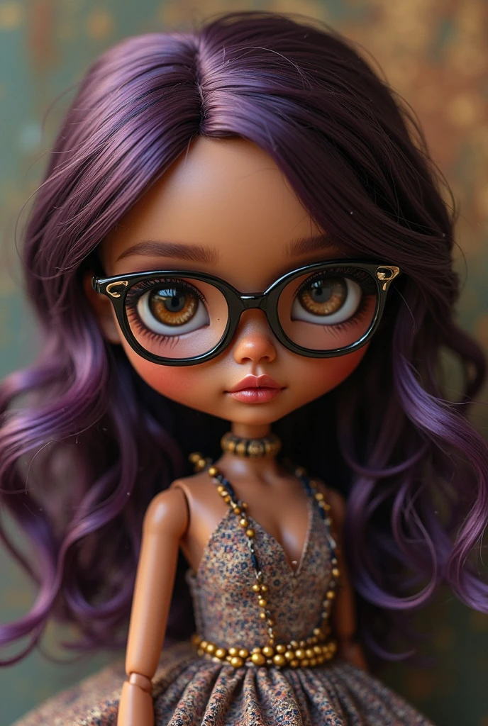 Blythe doll with purple glasses and brown curly hair with purple highlights and more skinned 
